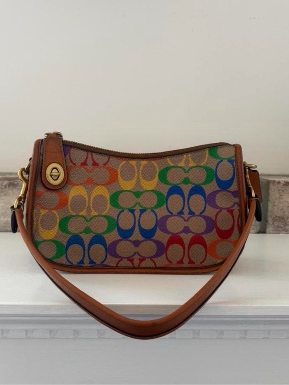 Coach Multicolor Rainbow Signature Canvas Shoulder Bag with Tan Trim